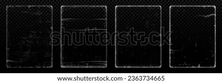 Distressed edge photos set isolated on transparent background. Vector realistic illustration of rectangular vintage paper texture with white scratches, grainy picture overlay effect, grunge poster