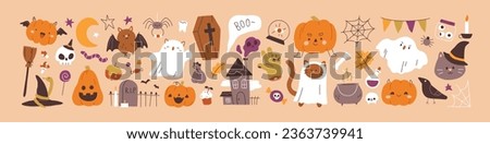 Cute kids Halloween set. Happy pumpkin, funny cat character, creepy ghost, skull, web, cauldron, candy and bat. October holiday stickers, design elements bundle. Isolated flat vector illustrations