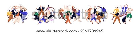Happy dancing people at disco party set. Young friends gathering, celebrating holiday at discotheque. Hangout, celebration at music club. Flat graphic vector illustrations isolated on white background Royalty-Free Stock Photo #2363739945