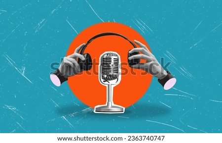 An artistic collage featuring modern headphones and a retro microphone on a blue background. The concept of podcasting and creativity in music.