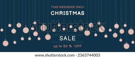 Christmas sale background.  Vector Christamas balls on the  black grean fon. Horizontal  border with copy space. Suitable for email header, post in social networks, advertising, events  Royalty-Free Stock Photo #2363744003