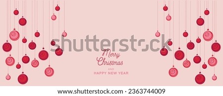 Merry Christmas and Happy New Year  background.  Vector hand drawn Christamas balls. Horizontal  border with text space. Suitable for email header, post in social networks, advertising Royalty-Free Stock Photo #2363744009