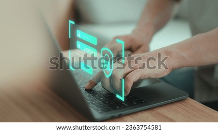 Computer security system. Man typing username and password on a laptop. User authentication system with username and password, information security and encryption, technology secure internet access.