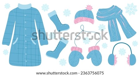 Set of Warm winter Clothes. Hat, Pair of Mittens, Coat and boots. Vector illustration isolated on white. Flat style Warm Clothes for cold weather, holiday decoration. Design art color wool accessory.