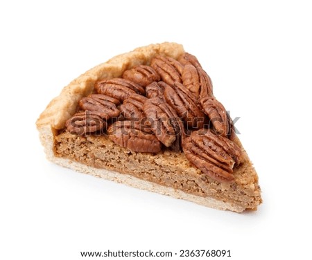 Piece of tasty pecan pie on white background Royalty-Free Stock Photo #2363768091