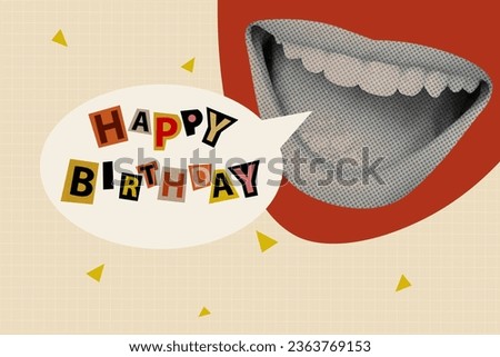 Composite photo illustration collage of large mouth say happy birthday celebrate holiday isolated creative checkered painting background