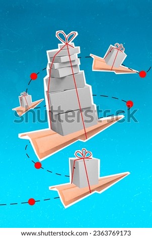 Collage artwork picture of paper planes delivering boxed piles stacks isolated creative blue color background