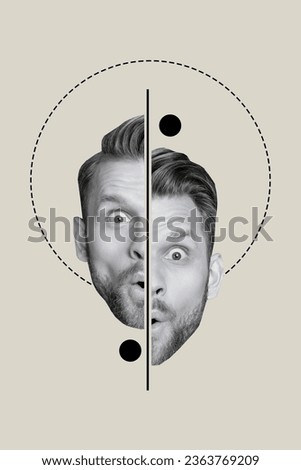 Poster picture collage image of weird strange guy two part surprised face isolated on grey color background