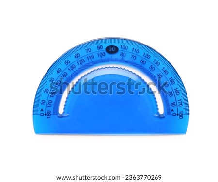 Blue plastic protractor on white background