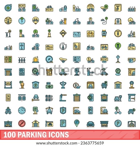 100 parking icons set. Color line set of parking vector icons thin line color flat on white