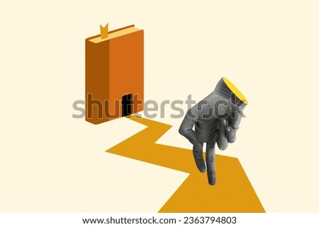 Composite collage picture of black white colors arm fingers walking path doors inside book isolated on beige background