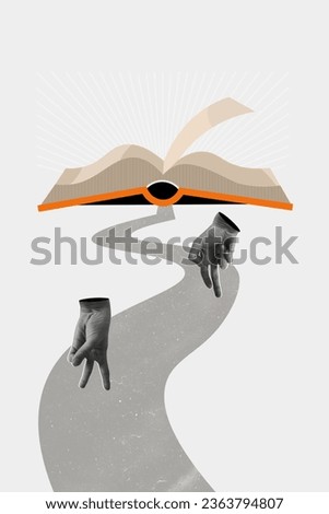 Picture collage magazine of human hands fingers going book dictionary scientific materials concept isolated on painted grey background