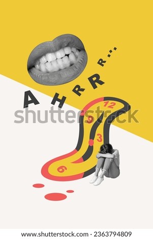 Artwork magazine collage picture of unhappy upset lady having stomatologist fear isolated drawing background