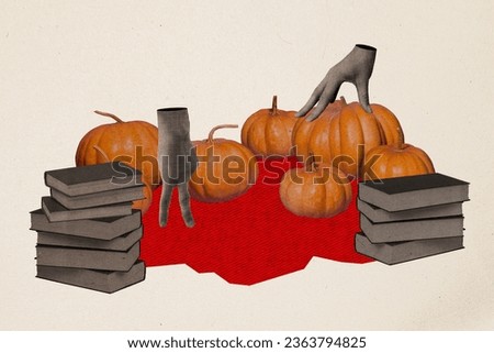 Creative composite photo collage of hands without bodies prepare for halloween search spell in book isolated on painted background