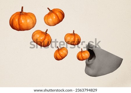 Abstract creative composite illustration photo collage of girl open mouth eat pumpkin on halloween party isolated on painted background