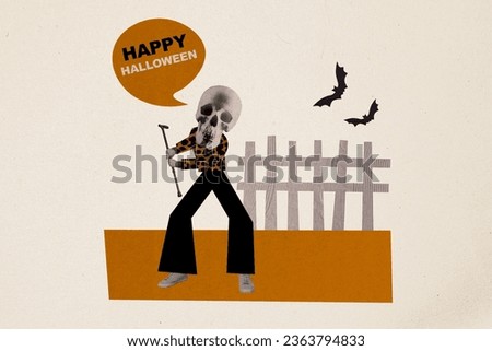 Creative composite photo illustration collage of funny positive skeletone wish you happy halloween dancing isolated on painted background