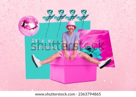 Picture collage image of cheerful positive man sitting on huge giff box rejoce birthday day isolated on colorful background