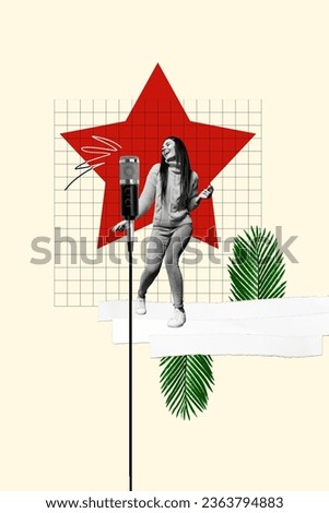 Picture collage image of happy smiling girl talented singers star singing microphone isolated on white color painted background