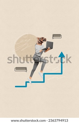 Vertical creative composite photo collage of headless girl with tiger head hold laptop run upsteirs isolated pastel color background