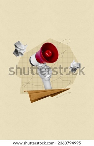 Vertical collage image of human arm hold bull horn announces black friday sale isolated on drawing beige color background