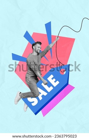 Creative graphics collage painting of excited guy riding shopping discount tag isolated turquoise color background