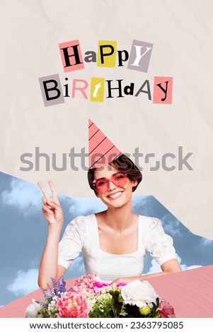 Picture photo collage postcard of smiling cheerful pretty woman v-sign symbol enjoy birthday good mood isolated on drawing background