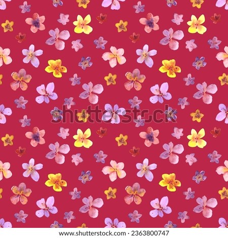 Seamless pattern of watercolor delicate pink and yellow flowers. Hand drawn illustration. Botanical hand painted floral elements on Viva Magenta background.