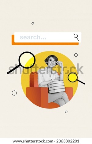 Picture collage of smiling clever woman sitting chair looking empty space searching information news isolated on painted background