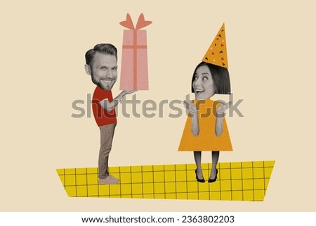 Image collage postcard of handsome positive man lovely wife receiving giftbox enjoy birthday isolated on painted background