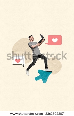 Vertical creative composite photo collage of funky man on cursor look at laptop get many likes on post isolated on painted background