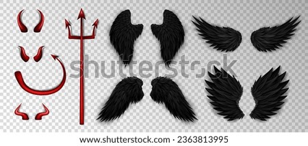 Collection of 3d realistic devil costume elements - red bloody trident, glossy horns, daemon tail and various devil black wings on transparent background