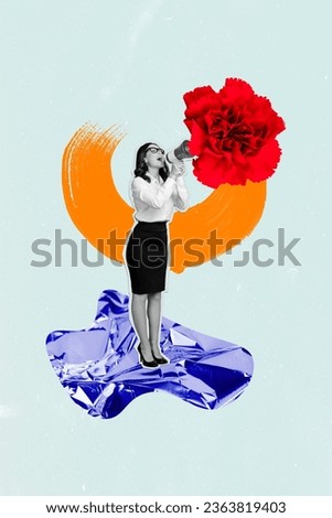 Creative vertical template illustration collage of funny young lady scream loudspeaker blossom red flower art isolated on blue background