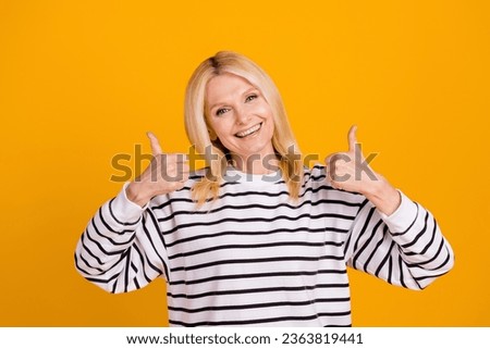 Photo of pensioner lady make fine symbol advertise high quality isolated vivid color background