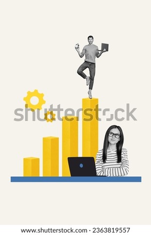 Picture collage image of cheerful successful people remote workers use wireless netbook promoting career isolated on drawing background