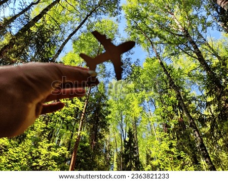 Hand holding toy wooden airplane plane and trees in forest background. The concept of flying on airplane, travel, leisure, adventure. Blurred picture, partial focus
