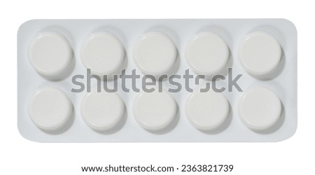Blister pack with round pills on a white isolated background, top view Royalty-Free Stock Photo #2363821739