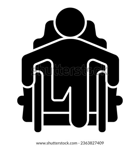 Man without leg wheelchair solid icon, disability concept, disabled man sitting wheelchair without leg sign on white background, wheelchair disabled icon in glyph style. Vector graphics