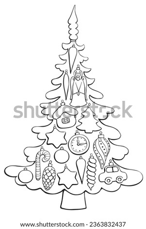 Vector contour Christmas tree decorated with xmas balls, glass toys, decorations. Template for children creativity, application, coloring book. New year, Xmas illustration. Outline, doodle, hand drawn