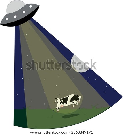 illustration of a flying saucer abducting a cow in a field at night. Ideal for prints and products. Fun drawing.