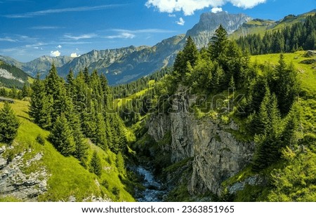 Beautiful mountain landscape in the Alps. Summer Alpine mountains. Mountain green forest in Alps. Beautiful ALpine mountain hills landscape Royalty-Free Stock Photo #2363851965