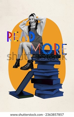 Creative retro 3d magazine collage image of excited lady reading many interesting book isolated white color background