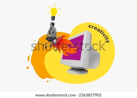 Artwork collage picture of mini excited black white colors guy fly market trolley through pc display creativity isolated on painted background