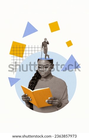 Vertical composite creative abstract collage photo of focused smart girl in glasses read interesting book isolated on drawing background