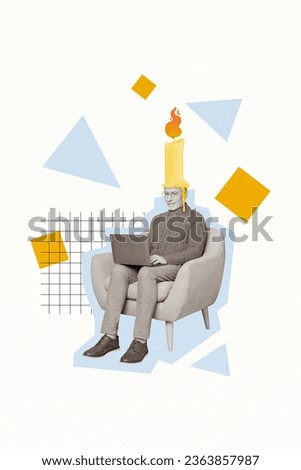 Vertical collage picture of black white colors grandfather candle fire top head use netbook isolated on creative background