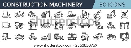Set of 30 outline icons related to construction machinery. Linear icon collection. Editable stroke. Vector illustration Royalty-Free Stock Photo #2363858769