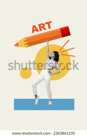 Vertical collage picture of mini black white colors cheerful girl arm hold huge art pencil isolated on painted background