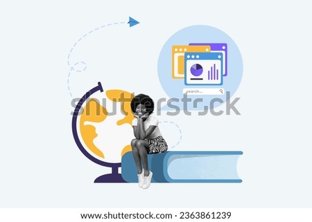 Artwork collage picture of mini black white colors girl sit big book world globe mind bubble diagram flying paper plane