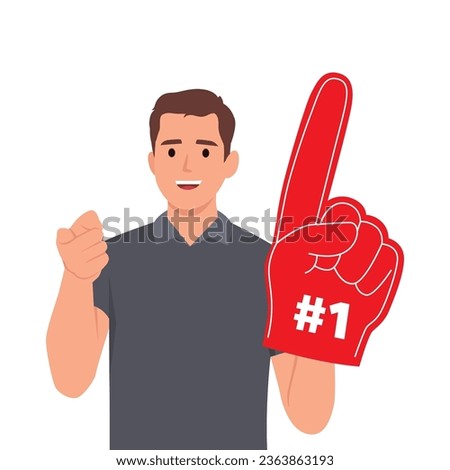 Man is fan of sports team with giant glove for going to stadium for football or baseball game. Flat vector illustration isolated on white background