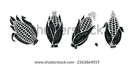 Vector Vegetable Set of Corn Cobs. Corn silhouette icons. Black and White illustration. Royalty-Free Stock Photo #2363864019