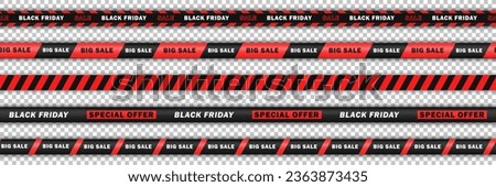 Collection of seamless bright red realistic ribbons with text - big sale, Black Friday. Endless barricade tapes, discount stripes for online shopping isolated on transparent background